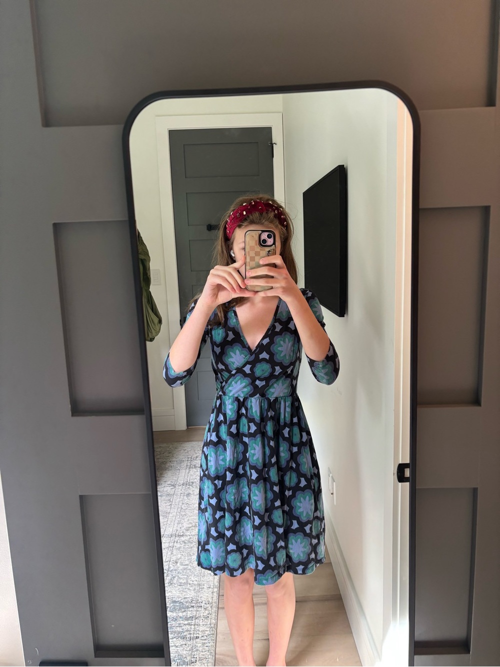 Mata Traders Black Wrap Midi Dress with Teal and Lavender Floral Print